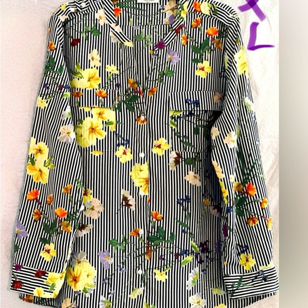 LADIES BLACK & WHITE STRIPED TOP WITH YELLOW & ORANGE FLOWERS